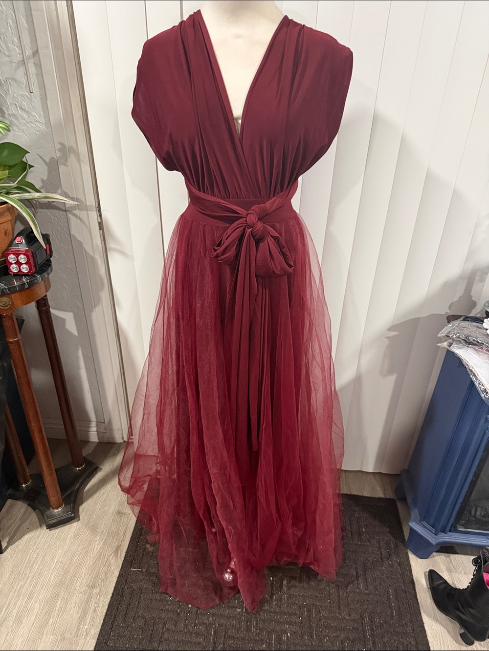 Elegant Burgundy Tulle Wrap Maxi Dress